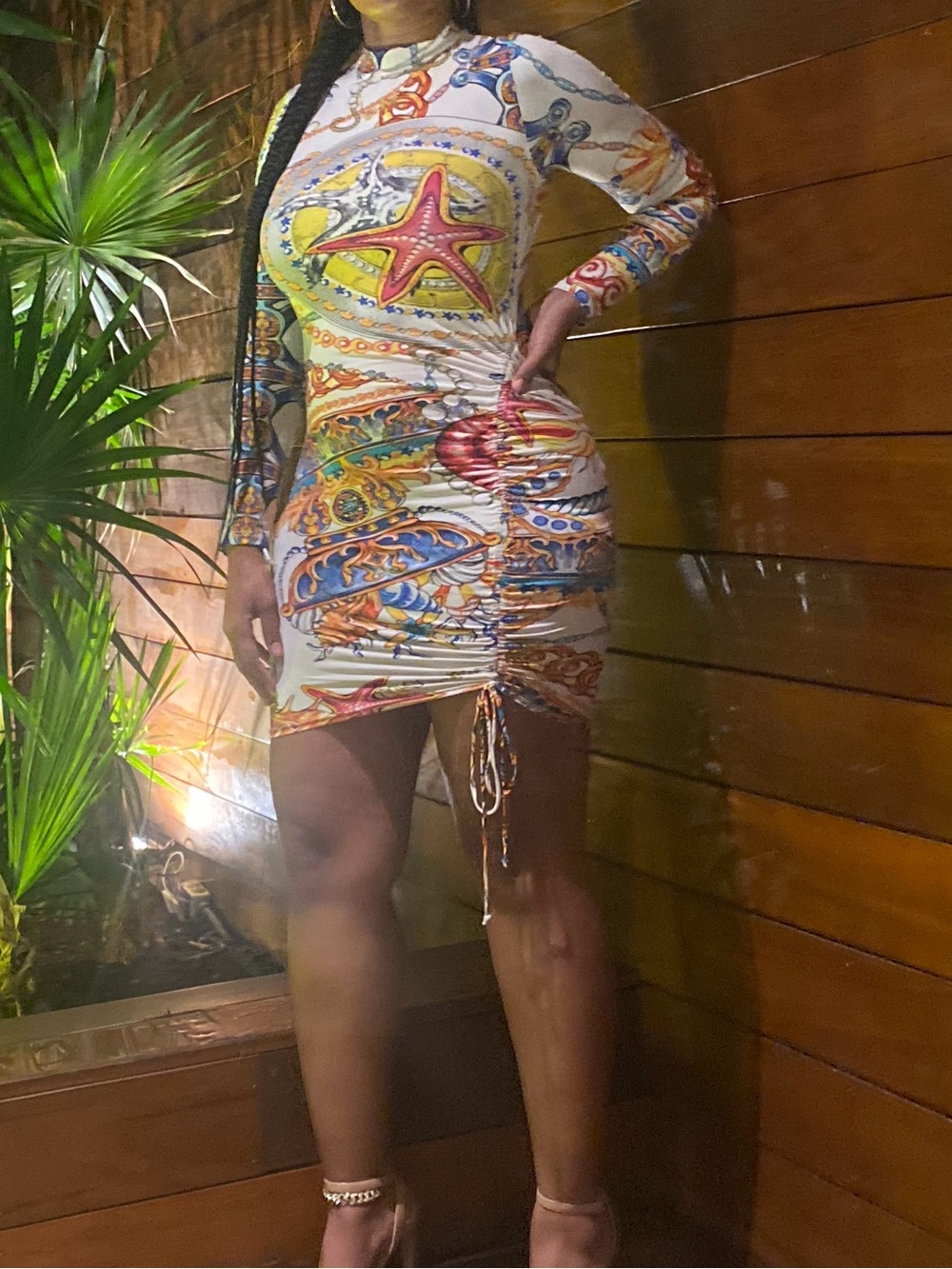 Long-Sleeve Ruched Nautical Print Dress - White Multi